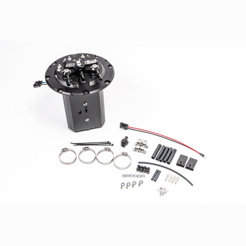 Radium Engineering fuel hanger assembly for Subaru Impreza, WRX, and STI showing dual pump mounting points.
