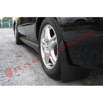 Set of four Rally Armor Basic black mud flaps with black logos, stainless steel brackets, and mounting hardware.