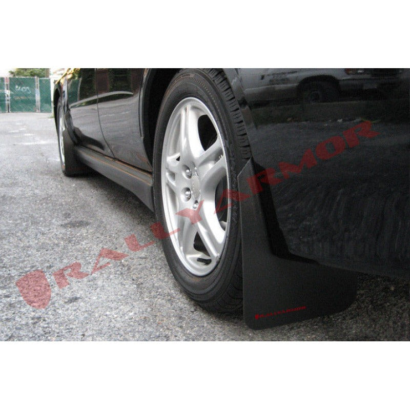 Rally Armor Basic Series black mud flaps with red logo and stainless steel mounting hardware for 02-07 Subaru Impreza.