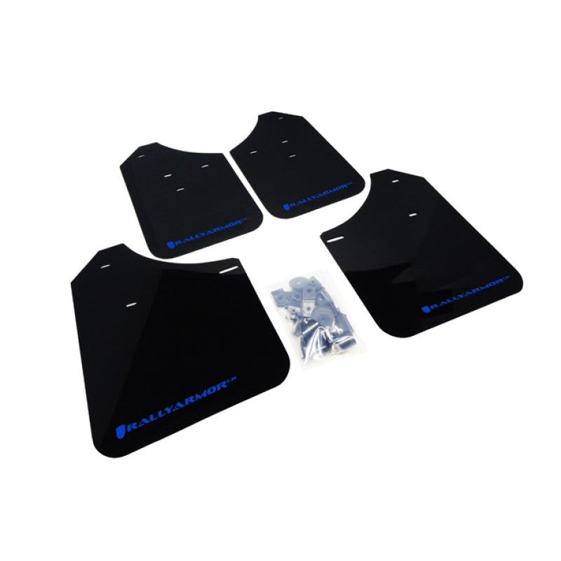 Black Rally Armor UR polyurethane mud flaps with blue logo for 2002-2007 Subaru Impreza WRX and STI.