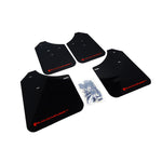 Rally Armor UR black polyurethane mud flaps with red logo and included mounting hardware.