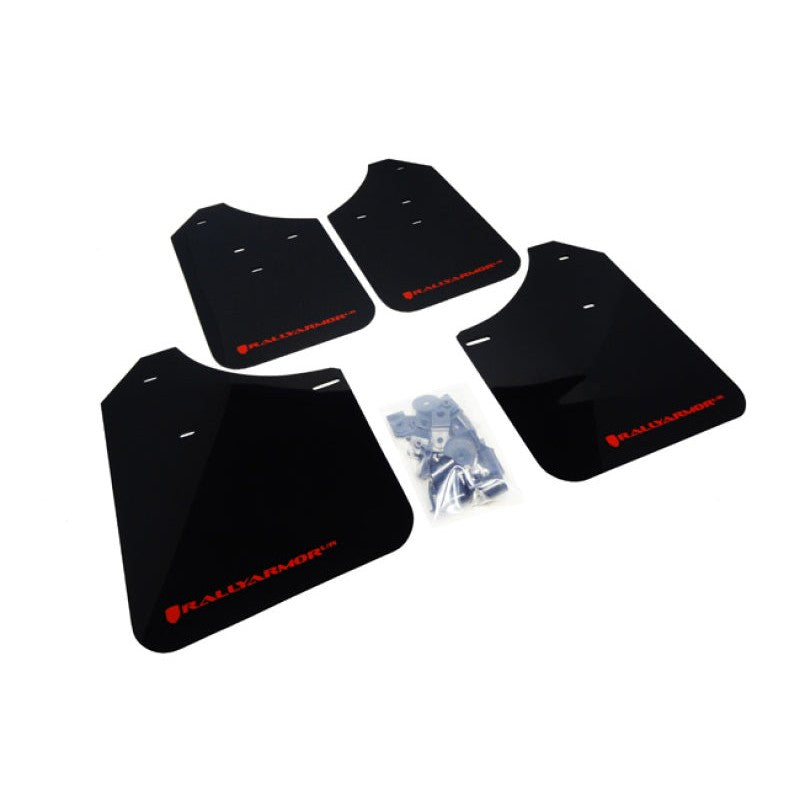 Rally Armor UR black polyurethane mud flaps with red logo and included mounting hardware.