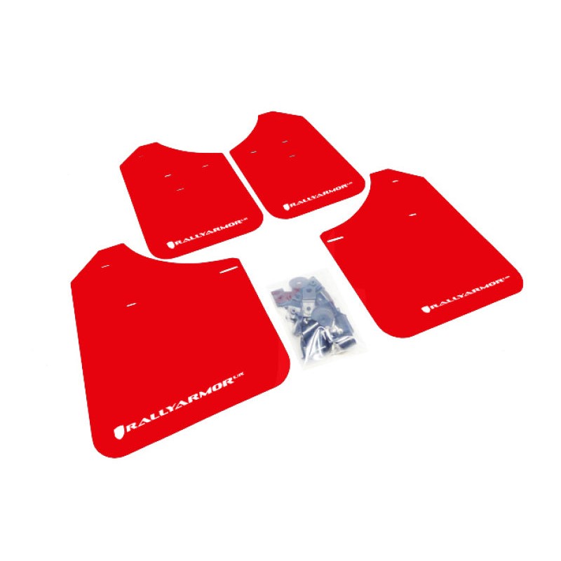Set of four red Rally Armor UR polyurethane mud flaps with white logos and mounting hardware for 2002-2007 Subaru Impreza.