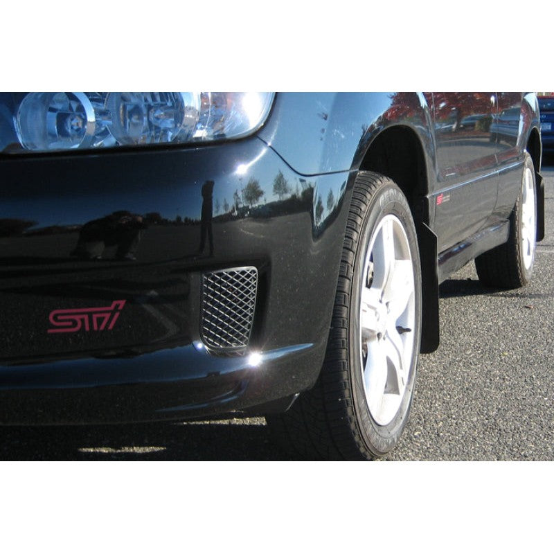 Rally Armor Basic series black mud flaps with black logos and stainless steel mounting hardware for Subaru Forester XT.