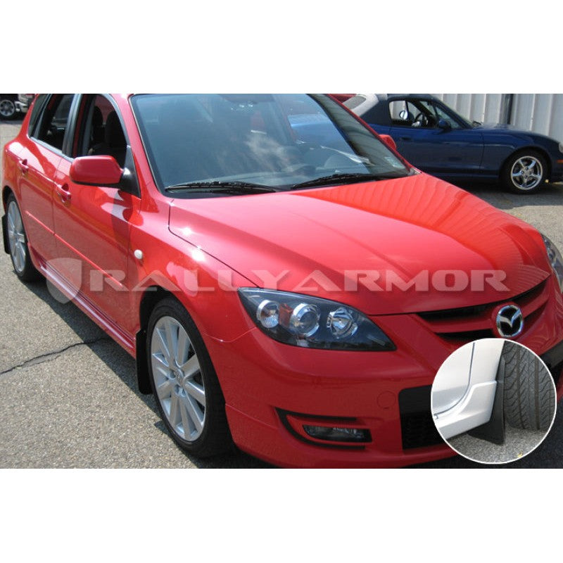 Four Rally Armor Basic black plastic mud flaps with black logos and stainless steel mounting hardware.