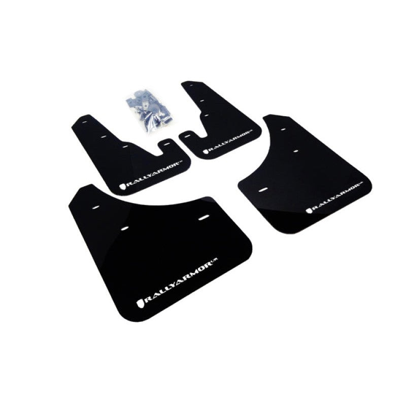 Rally Armor UR black polyurethane mud flaps with white logo for 2004-2009 Mazda 3 and Mazdaspeed 3.
