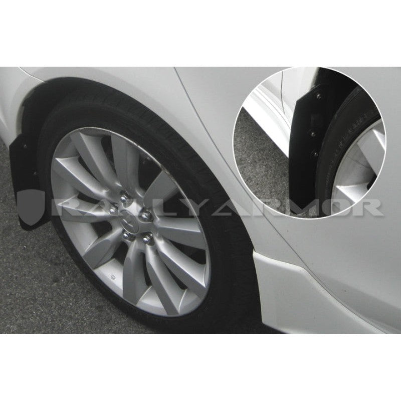 Set of four Rally Armor Basic black mud flaps with black logo and stainless steel mounting hardware.