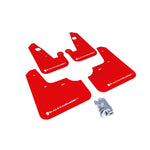 Set of four red Rally Armor UR series polyurethane mud flaps with white logos for 2007-2017 Mitsubishi Lancer