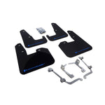 Set of four black Rally Armor UR polyurethane mud flaps with blue logos for 2008-2014 Subaru WRX and STI Hatchback.