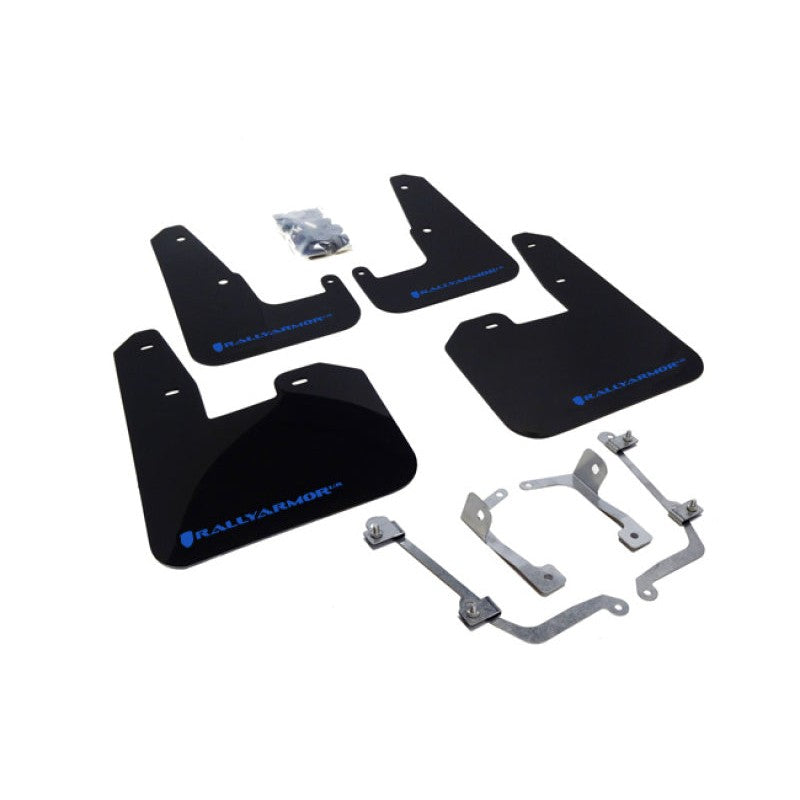 Set of four black Rally Armor UR polyurethane mud flaps with blue logos for 2008-2014 Subaru WRX and STI Hatchback.