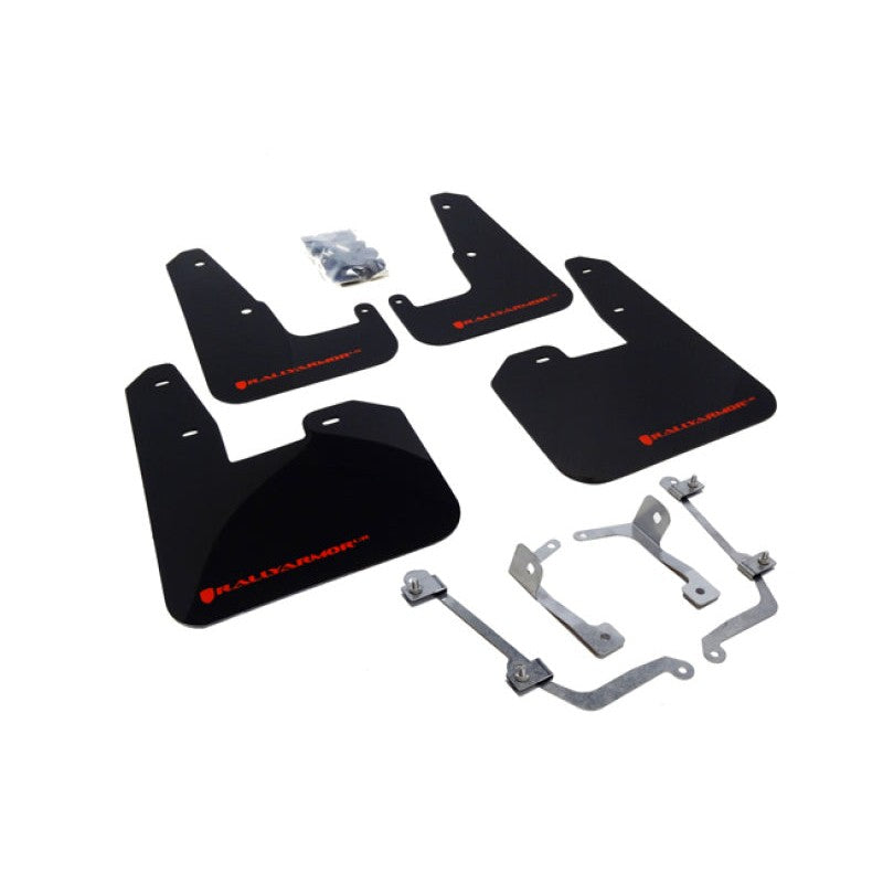 Four Rally Armor UR black polyurethane mud flaps with red logos for 2008-2014 Subaru Impreza WRX and STI hatchbacks.
