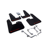 Four Rally Armor UR black polyurethane mud flaps with red logos for 2008-2014 Subaru Impreza WRX and STI hatchbacks.