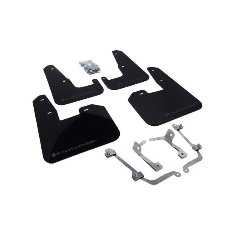 Set of four Rally Armor UR black polyurethane mud flaps with gray logos for 2008-2014 Subaru WRX STI Hatchback.