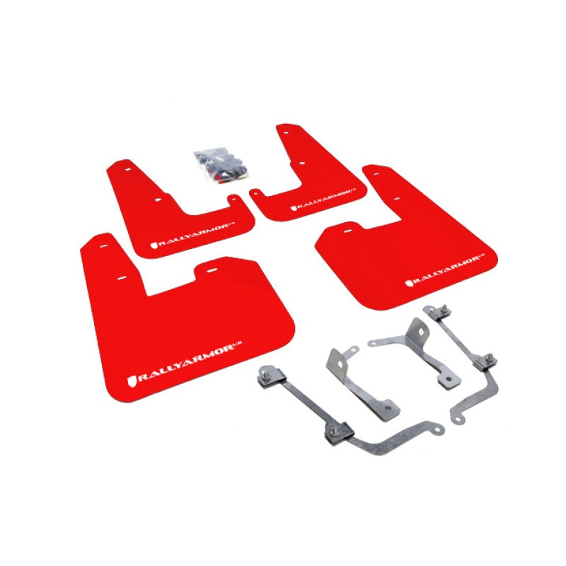 Rally Armor UR Series red polyurethane mud flaps with white logo for 2008-2014 Subaru WRX and STI hatchbacks.