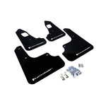 Set of four Rally Armor UR series black polyurethane mud flaps with white logos for Mitsubishi Lancer Evolution.