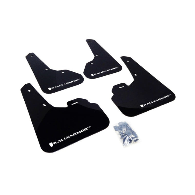 Rally Armor UR black polyurethane mud flaps with white logo for 2010-2013 Mazda 3 and Mazdaspeed 3