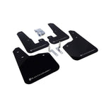 Set of four Rally Armor black polyurethane UR mud flaps with silver logos for 2010-2014 Subaru Legacy.