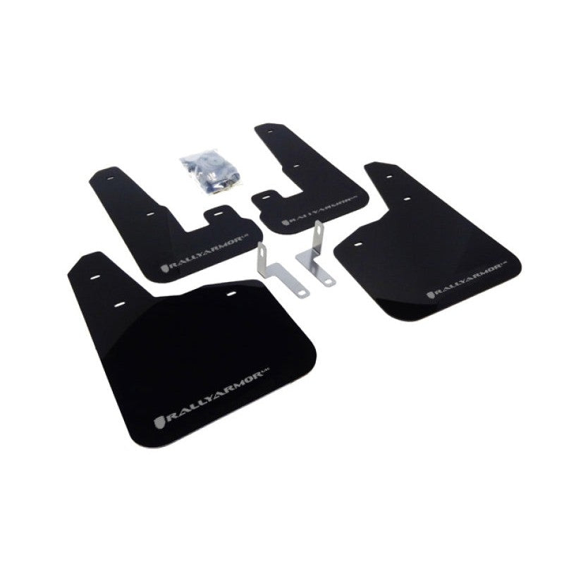 Set of four Rally Armor black polyurethane UR mud flaps with silver logos for 2010-2014 Subaru Legacy.