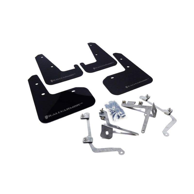 Rally Armor UR black polyurethane mud flaps with grey logo for 2011-2014 Subaru WRX STI sedan.