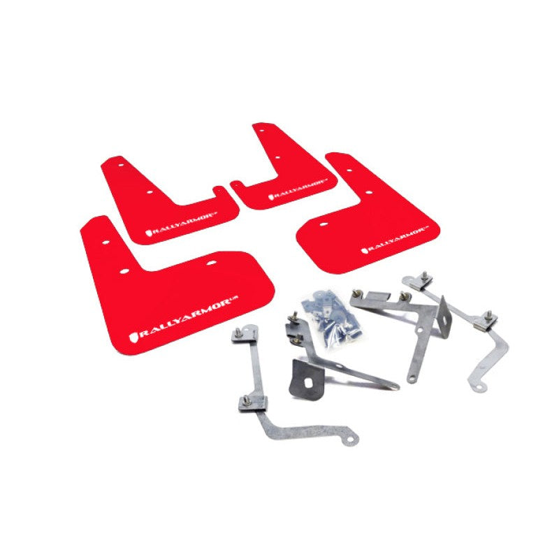 Rally Armor UR red polyurethane mud flaps with white logo for 2011-2014 Subaru WRX and STI sedans.