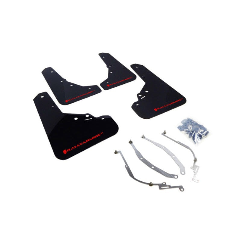 Set of four black Rally Armor UR polyurethane mud flaps with red logos for Fiat 500.