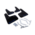 Rally Armor UR black polyurethane mud flaps with blue logo for 2013-2018 Ford Focus.