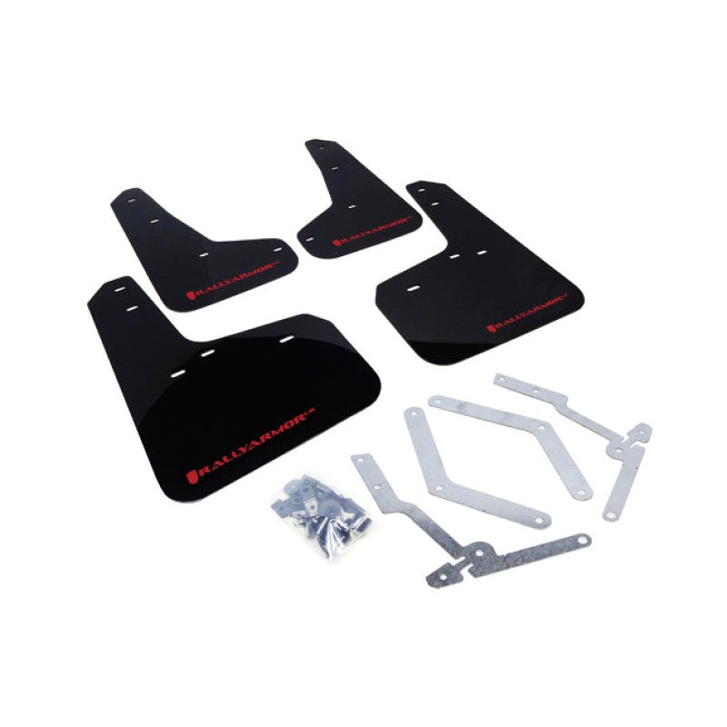 Rally Armor UR Series black polyurethane mud flaps with red logo for 2013-2018 Ford Focus models.