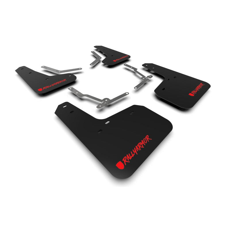 Black Rally Armor UR polyurethane mud flaps with red logo for 2013-2018 Ford Focus.
