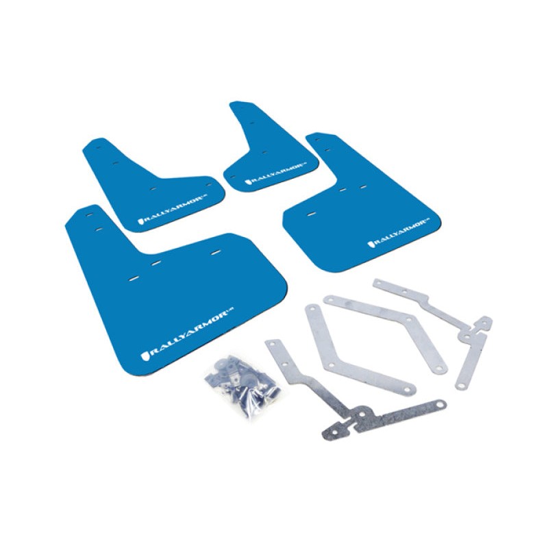 Four Rally Armor UR Nitrous Blue polyurethane mud flaps with white logo for 2013-2018 Ford Focus.