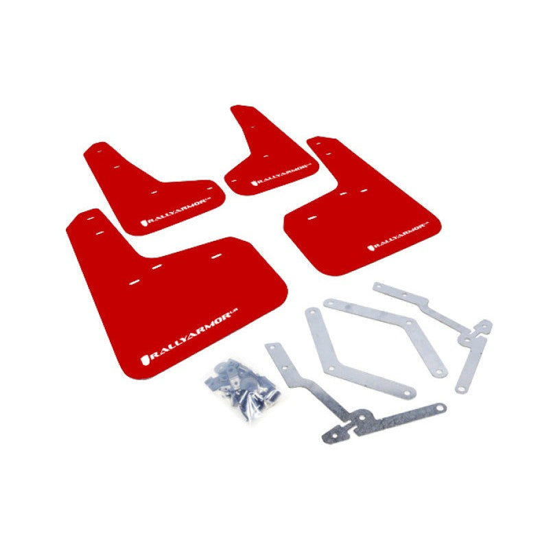 Rally Armor UR series red polyurethane mud flaps with white logo for 2013-2018 Ford Focus RS, ST, SE, and Titanium.
