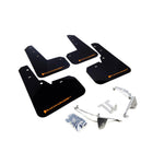 Set of black Rally Armor UR polyurethane mud flaps featuring an orange logo for 2013-2017 Subaru Crosstrek models.