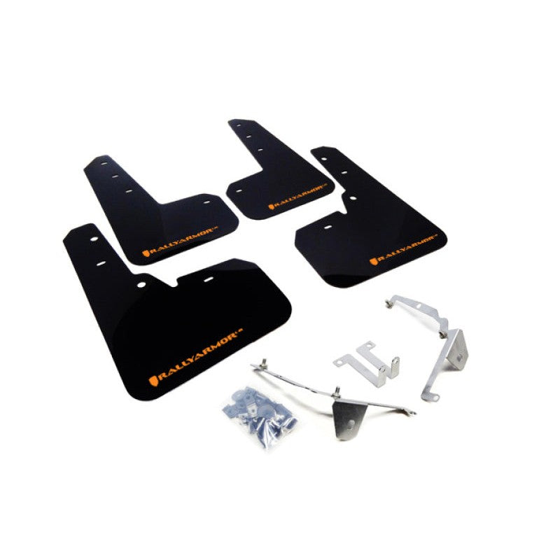 Set of black Rally Armor UR polyurethane mud flaps featuring an orange logo for 2013-2017 Subaru Crosstrek models.