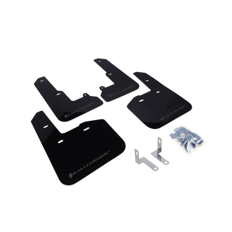 Black Rally Armor UR polyurethane mud flaps with a grey logo for a 2015-2019 Subaru Legacy.