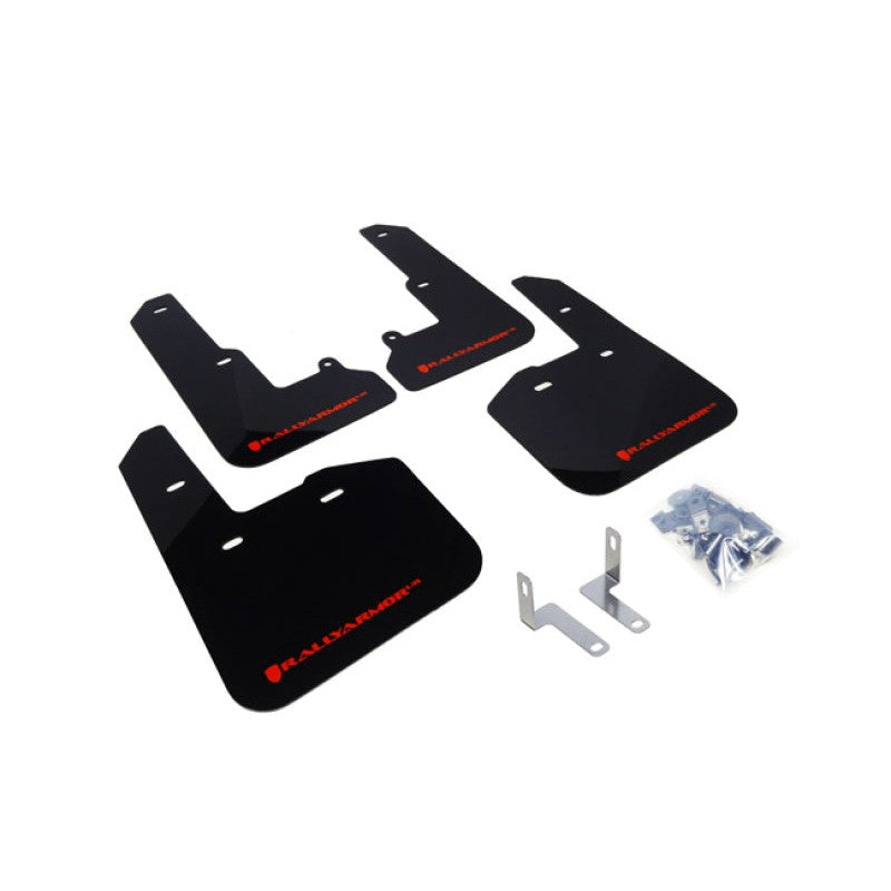 Rally Armor MF34-UR-BLK/RD UR Series black polyurethane mud flaps with red logo for 2015-2019 Subaru Legacy.