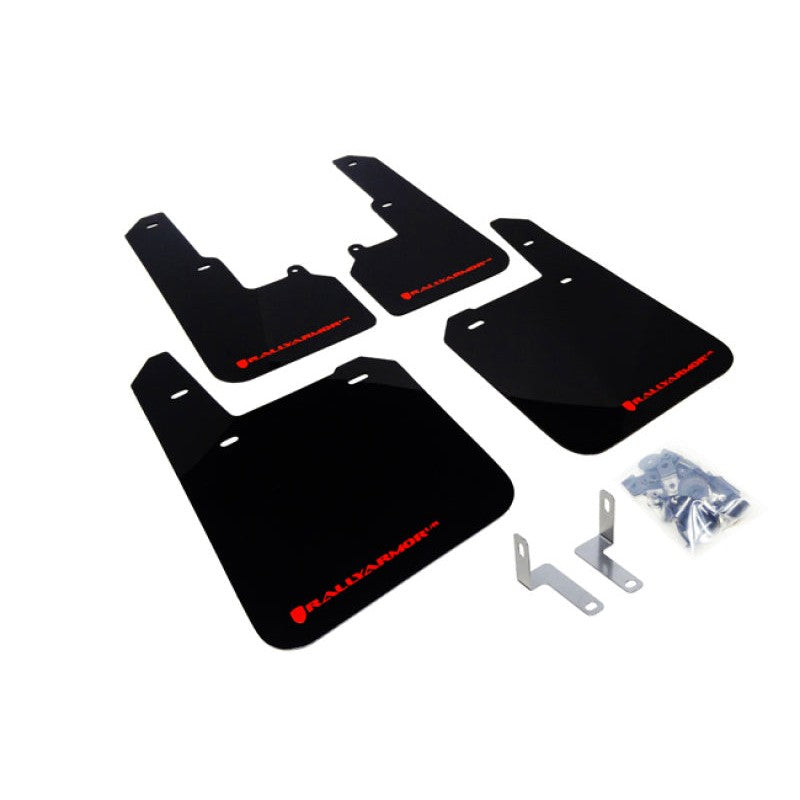Set of four black Rally Armor UR polyurethane mud flaps with red logos for 2015-2019 Subaru Outback.