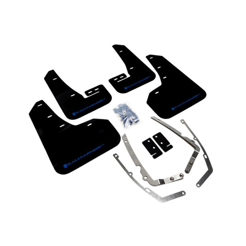 Black Rally Armor UR polyurethane mud flaps with blue logo for MK7 Volkswagen Golf and GTI.