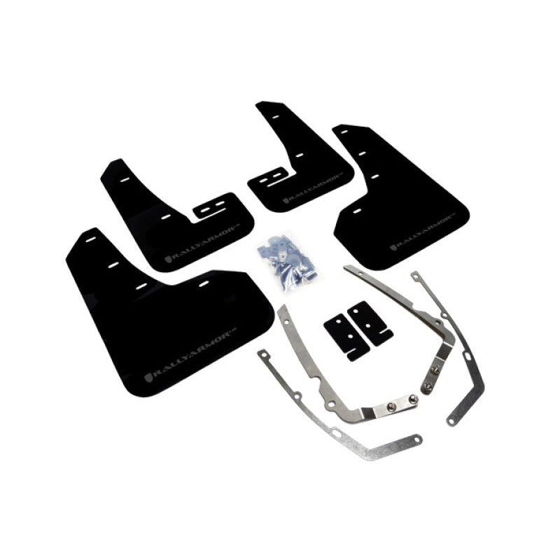 Rally Armor UR black polyurethane mud flaps with grey logo for 2015-2021 MK7 Volkswagen Golf and GTI.