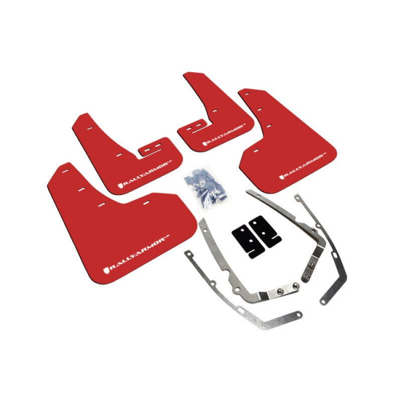 Set of four red Rally Armor UR polyurethane mud flaps with white logos for 2015-2021 VW Golf models
