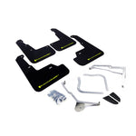 Set of four black Rally Armor UR polyurethane mud flaps with green logos for 2015-2021 Subaru WRX and STI