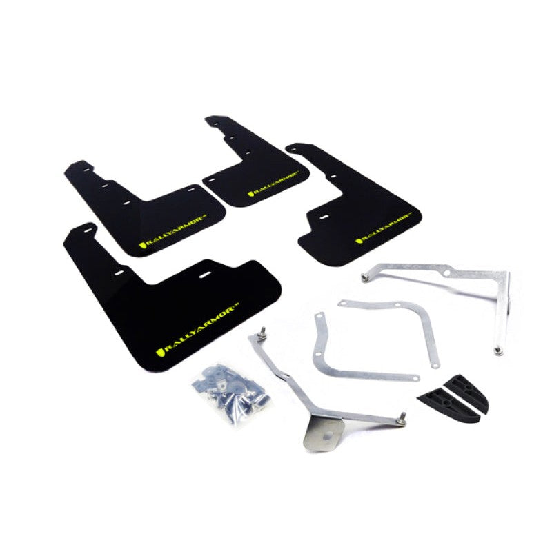 Set of four black Rally Armor UR polyurethane mud flaps with green logos for 2015-2021 Subaru WRX and STI