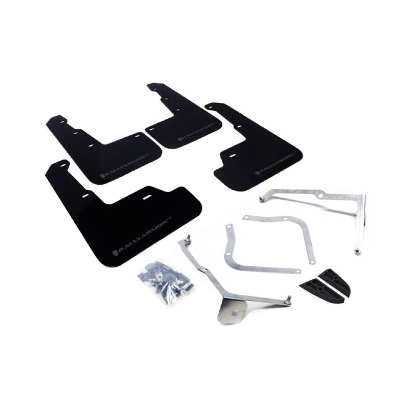 Set of Rally Armor UR black polyurethane mud flaps with grey logo for 2015-2021 Subaru WRX and STI