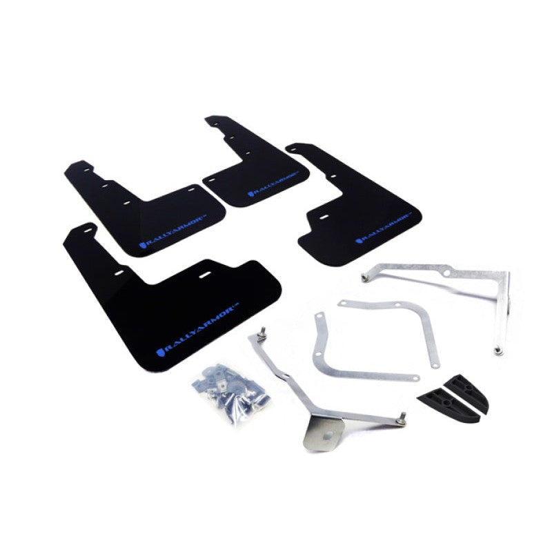 Rally Armor UR Series black polyurethane mud flap with a light blue logo for 2015-2021 Subaru WRX and STI.