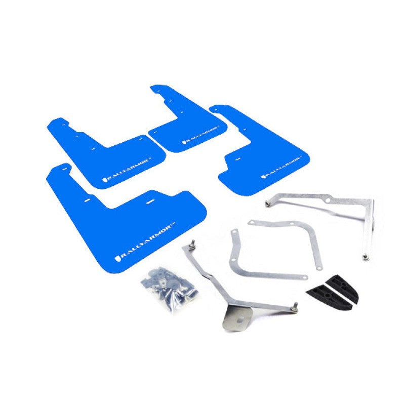 Rally Armor UR Series blue polyurethane mud flaps with white logo for 2015-2021 Subaru WRX and STI.