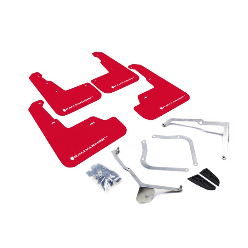 Rally Armor UR red polyurethane mud flaps with white logo for 2015-2021 Subaru WRX and STI