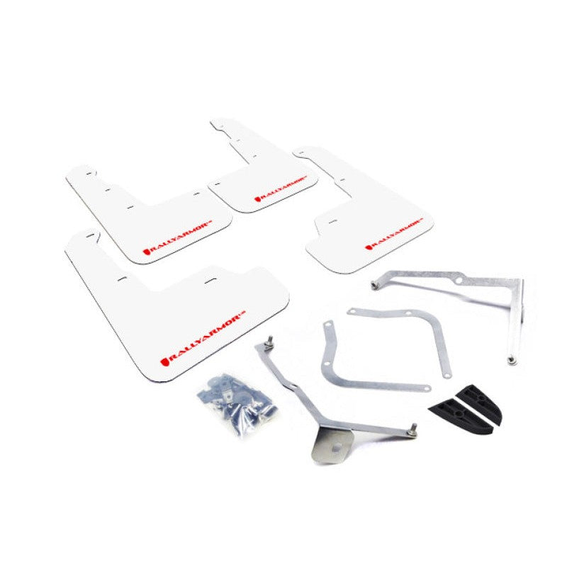 Set of four Rally Armor White UR Series polyurethane mud flaps with red logo for 2015-2021 Subaru WRX and STI