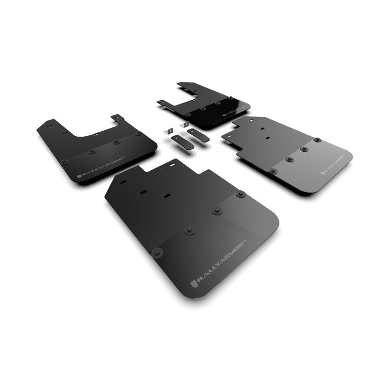 Rally Armor UR series black polyurethane mud flaps with grey logo for 2016-2023 Toyota Tacoma Gen 3.