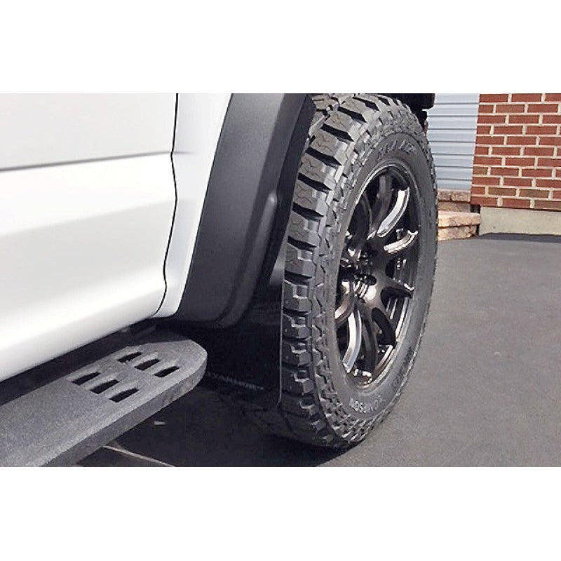 Rally Armor UR Series black polyurethane mud flaps with dark grey logo for 2017-2020 Ford F-150 Raptor