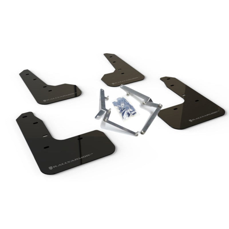 Rally Armor UR black polyurethane mud flaps with dark grey logo for 2017-2021 Honda Civic Sport and Sport Touring.