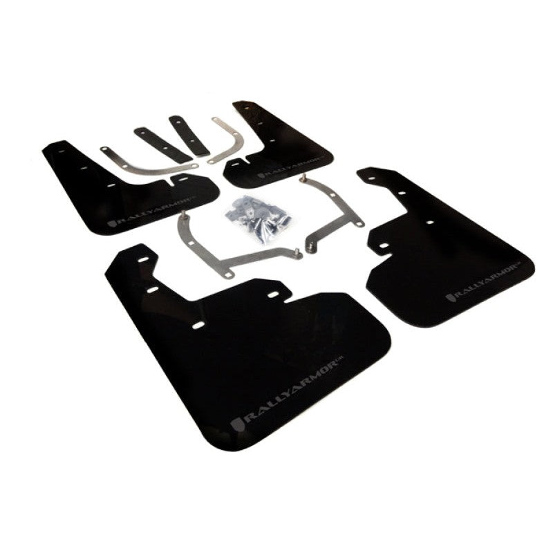 Black Rally Armor UR polyurethane mud flaps with grey logo for 2017-2023 Subaru Impreza.