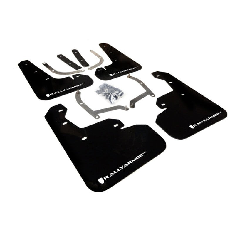 Set of four black Rally Armor UR polyurethane mud flaps with white logos for 2017-2023 Subaru Impreza.
